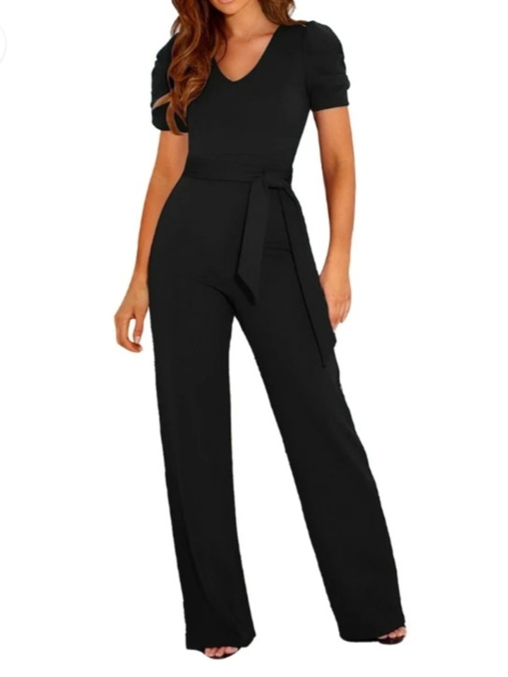 Women's Black V-Neck Short Sleeve Belted Wide-Leg Jumpsuit